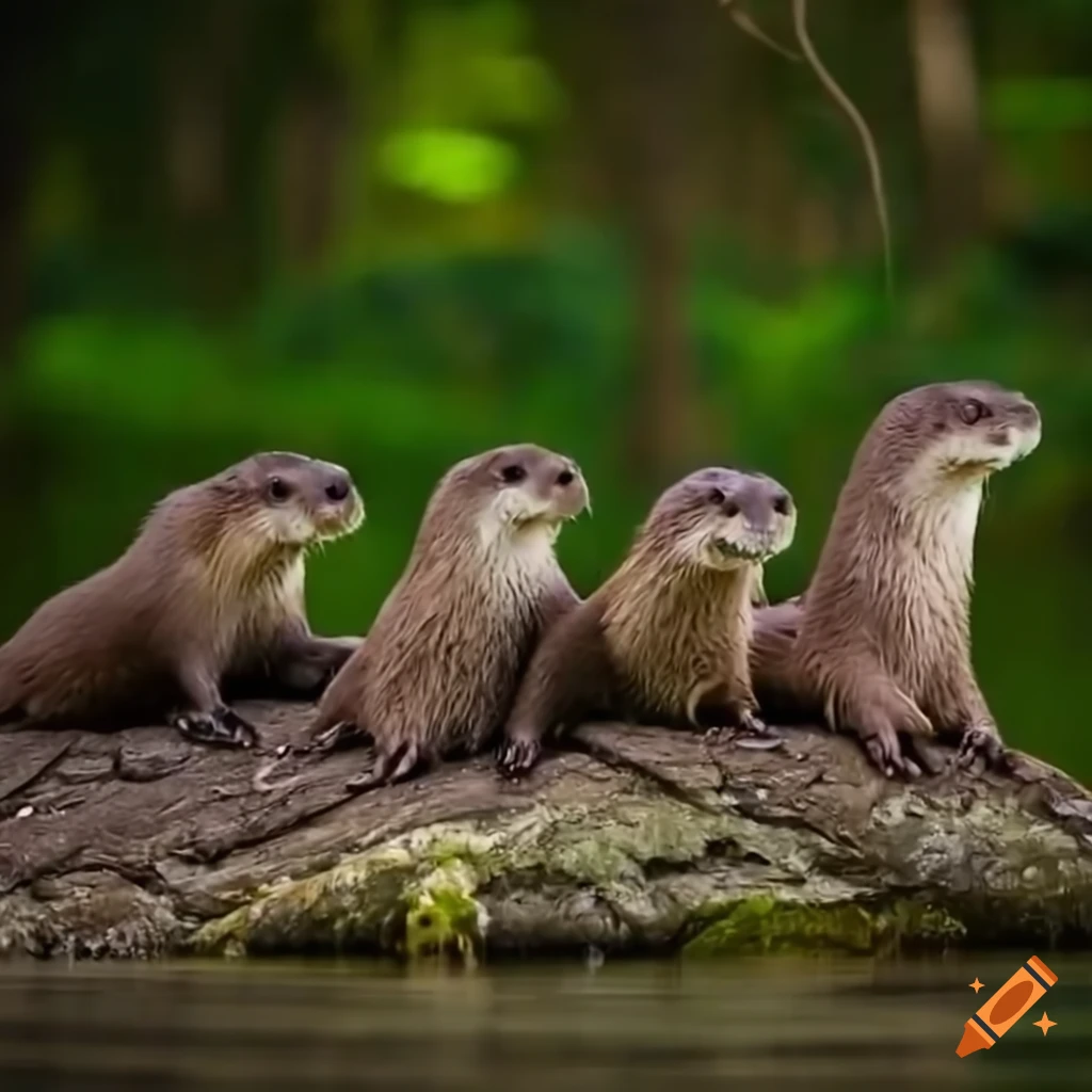Charming group of otters frolicking in a tranquil forest