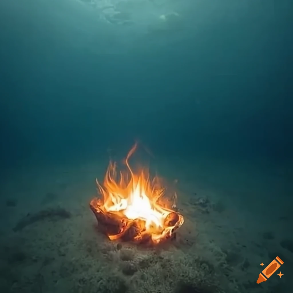 Campfire glowing in the dark depths of the ocean