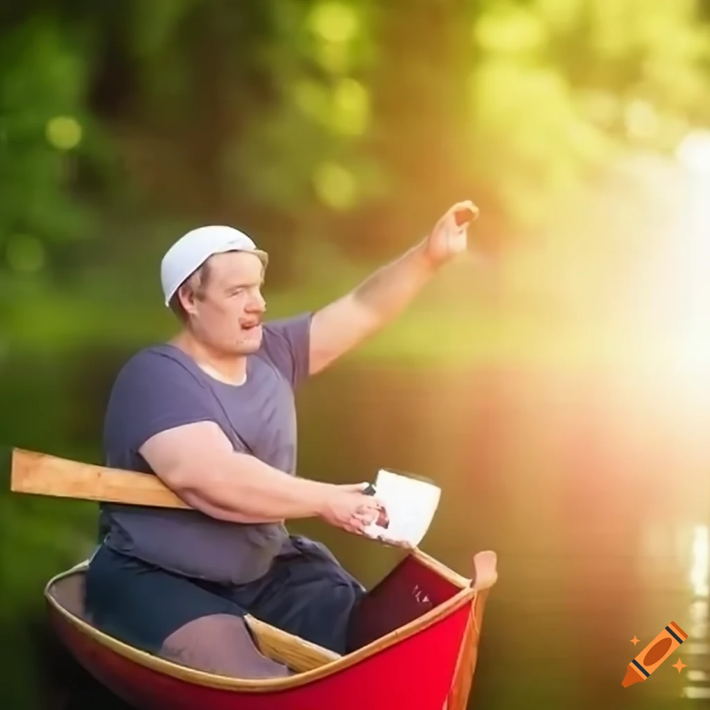 Man in a canoe looking tipsy and holding a bucket in a humorous scene