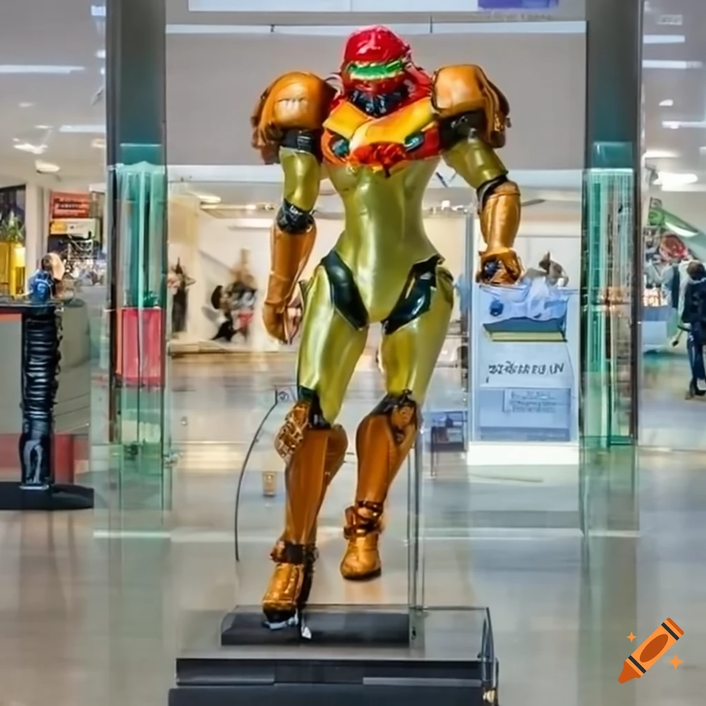 Samus life-size action figure in a display case at a shopping center