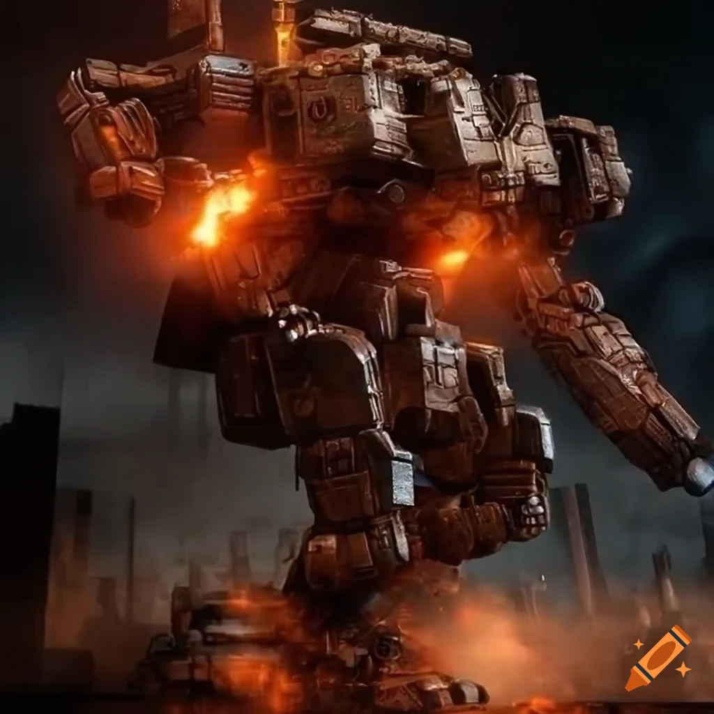 Robot tank mech battle in cityscape with guns and flames