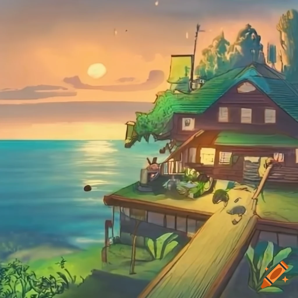 Studio Ghibli style ranch with cozy house, vegetable garden, and children playing around
