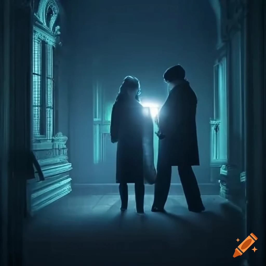 Group of detectives with flashlights exploring a mysterious mansion at night