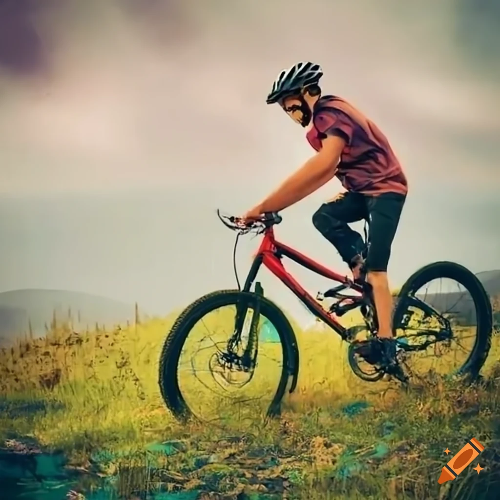 Man riding mountain bike on a scenic trail with graffiti