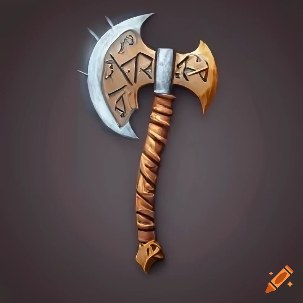 Fantasy axe with Khazaldif runes referencing Dreng Thagi