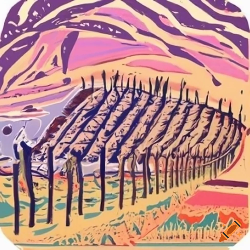 Vibrant linocut drawing of a serene French vineyard in Basquiat's style