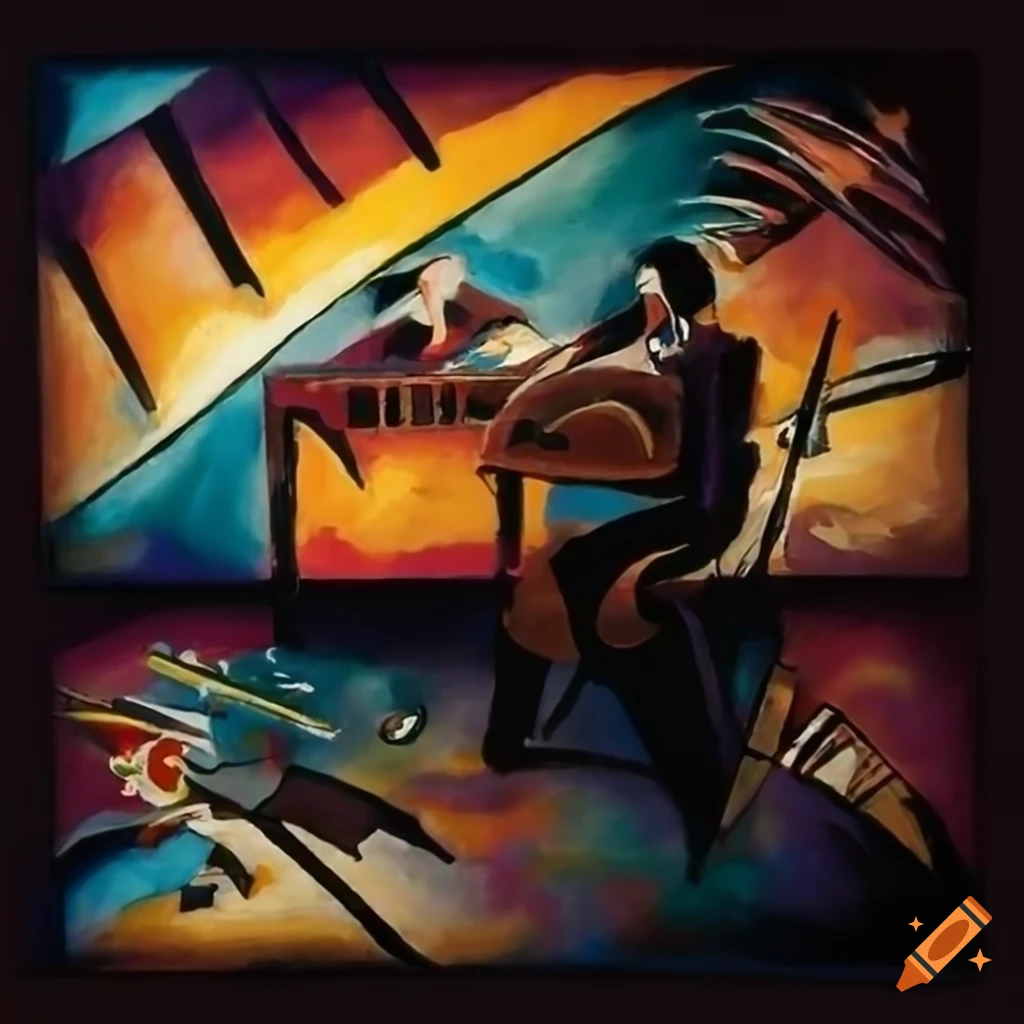Crossover of classical and jazz music in Kandinsky style with piano in foreground