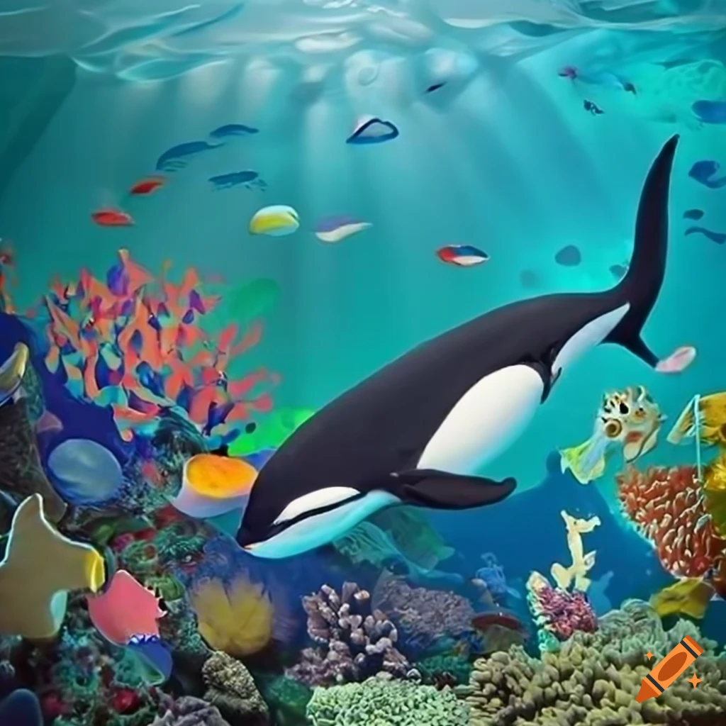 Vibrant book cover featuring sea animals and coral reef - orca and seahorse