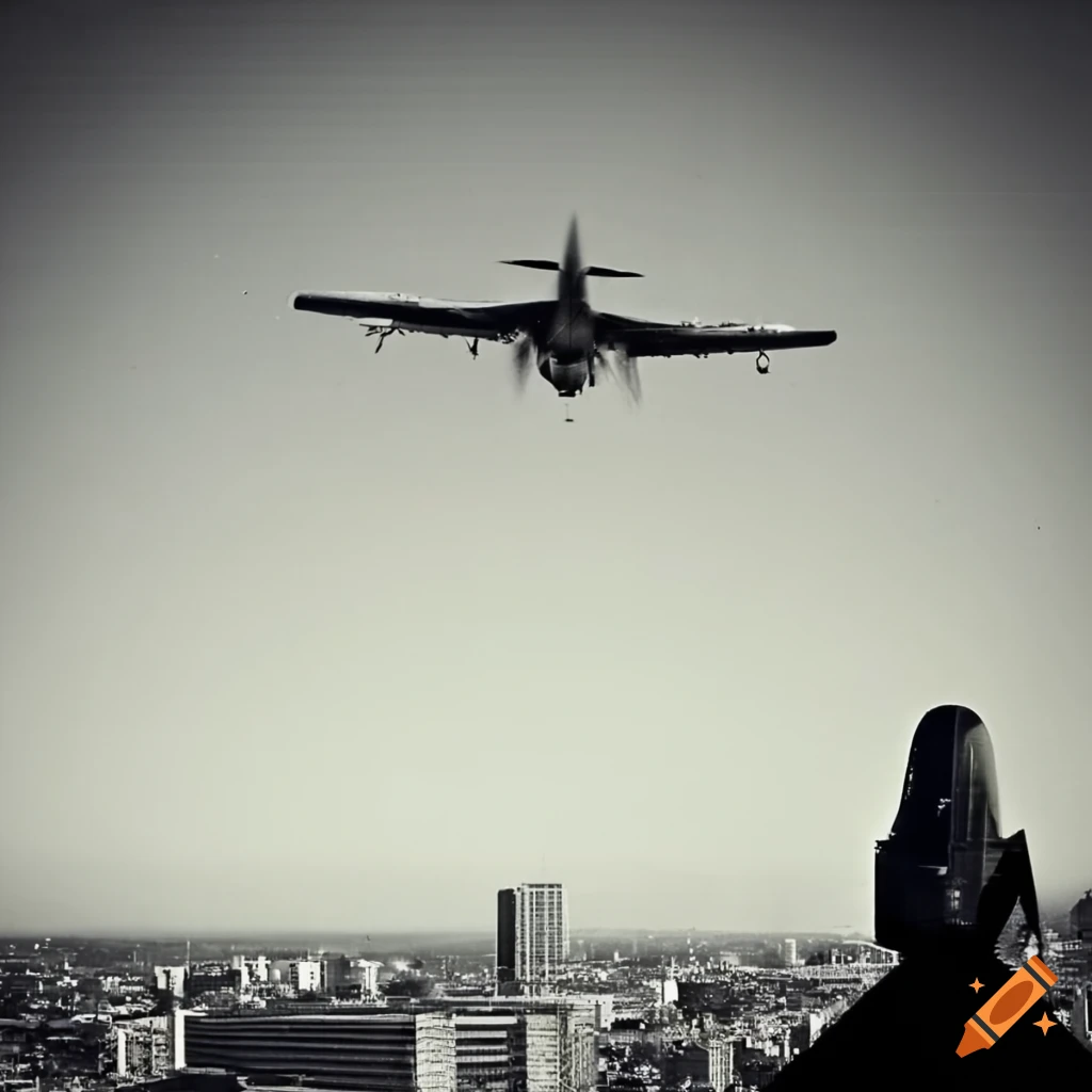 Vintage black and white photo of a military plane flying high against a clear blue sky