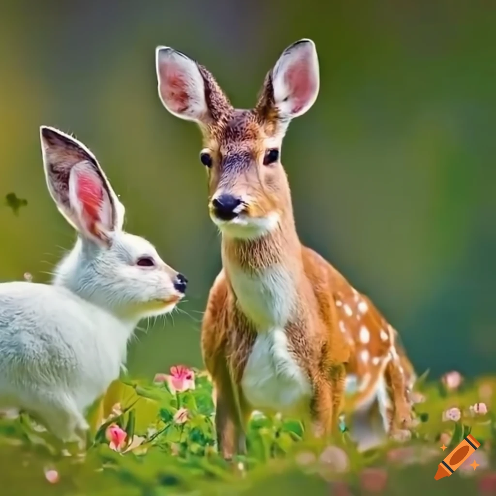 Brown deer and white rabbit in a lush forest near a sparkling river ...