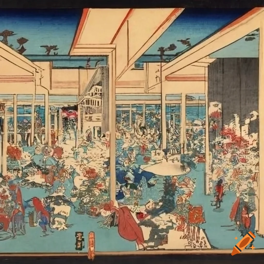 Hiroshige-style painting of a feast with friendly demons