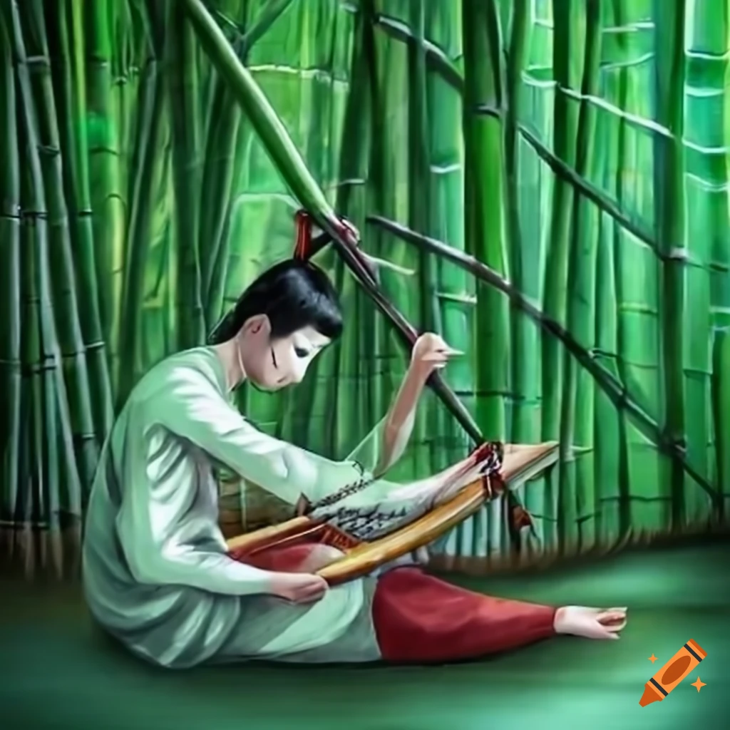 Man playing ancient Chinese instrument in bamboo forest