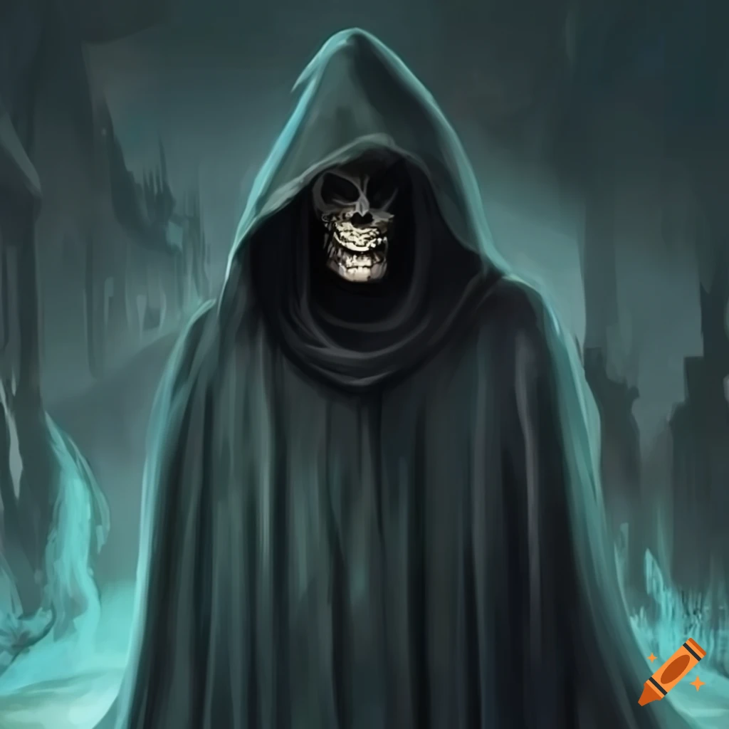 Skeleton sorcerer with a cloaked face in a barren city