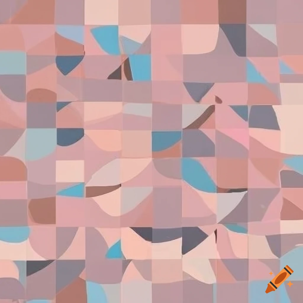 Muted mosaic with irregular shapes in dusty pink, soft blue, and warm grey