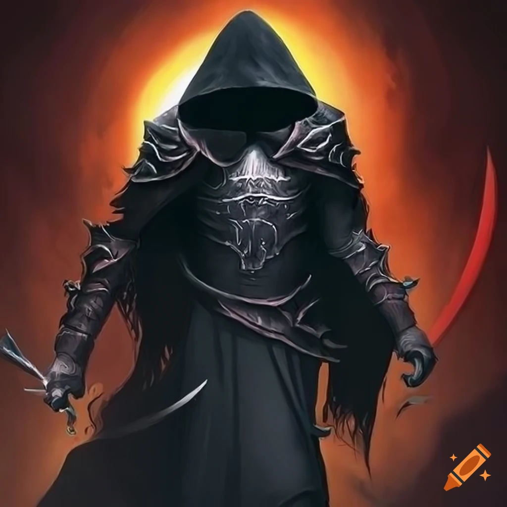 Dark fantasy hooded warrior with a great sword and black hole