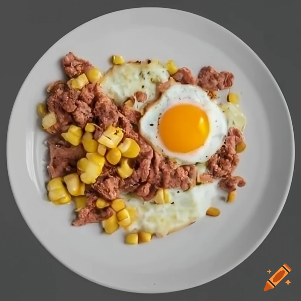 Plate of fried eggs, corn beef hash, grits, and toast on Craiyon