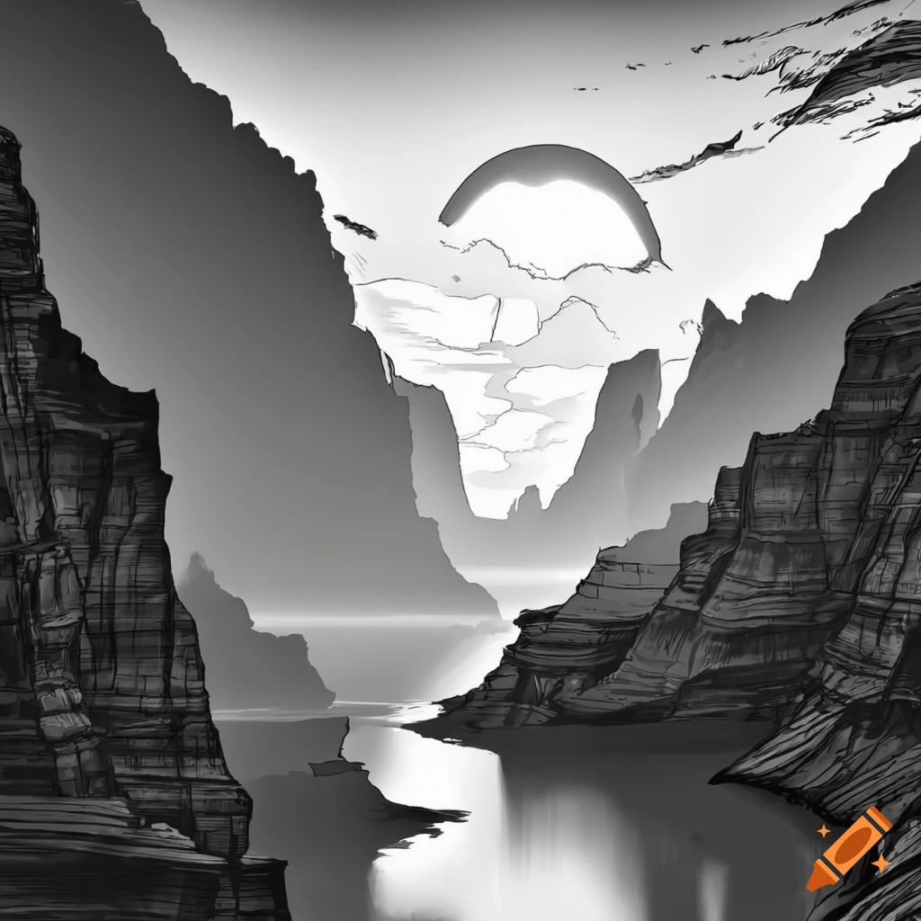 Epic black and white manga-style fantasy scene of cliffs in a vast canyon