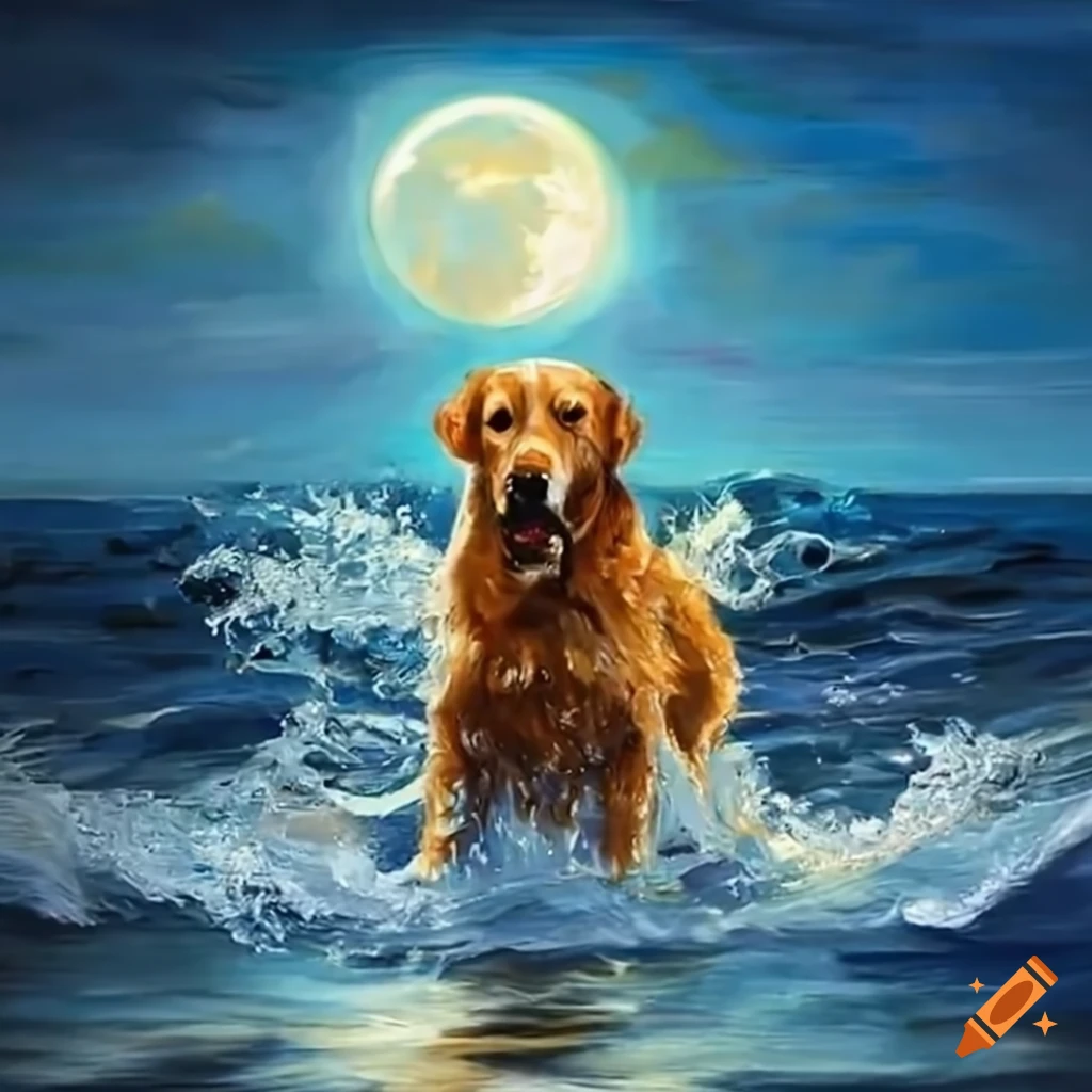 Golden retriever splashing in moonlit ocean waves