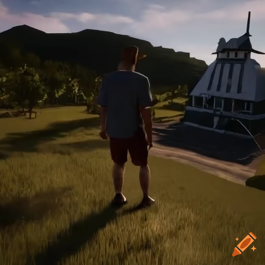 Man in t-shirt and jean shorts at Australian sci-fi village with white houses and corn fields