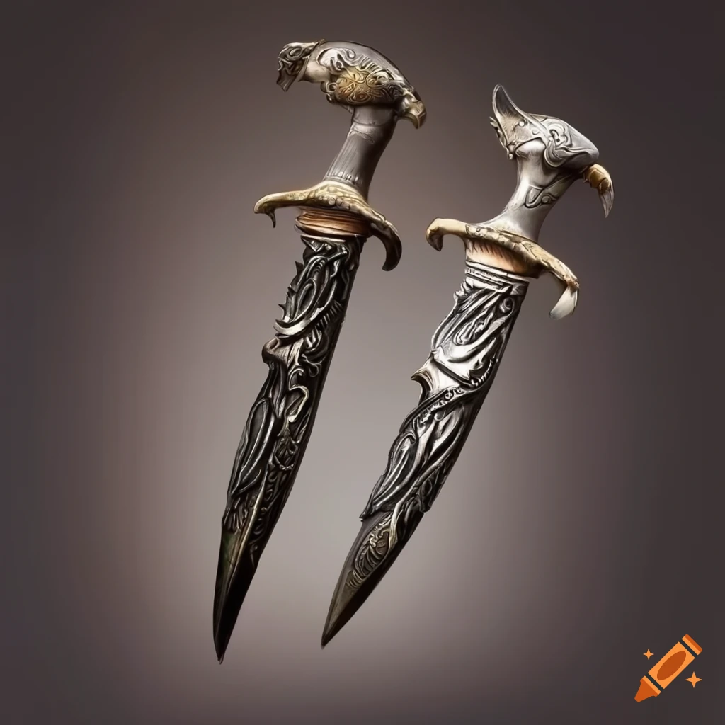 Pair of silver daggers with engraved raven handles on a table