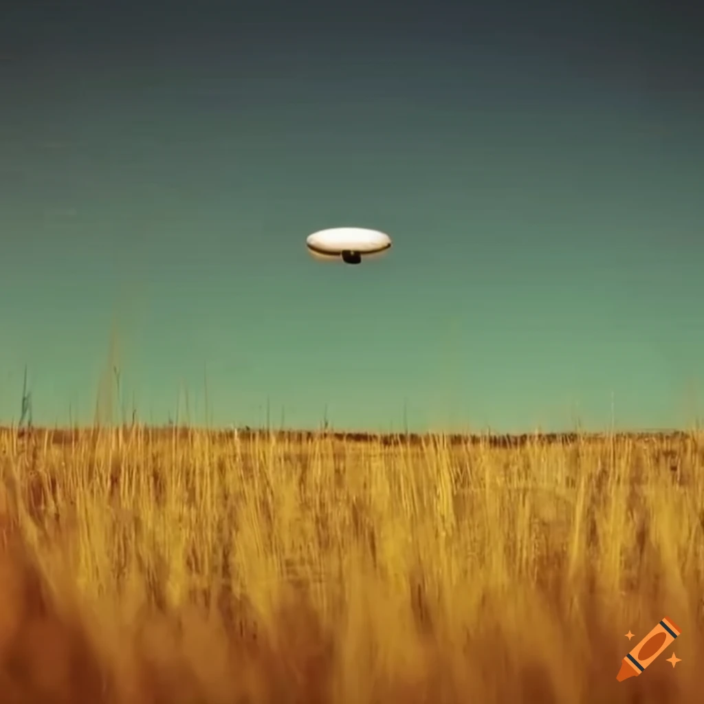 Small UFO flying over a field of dead grass surrounded by a fence