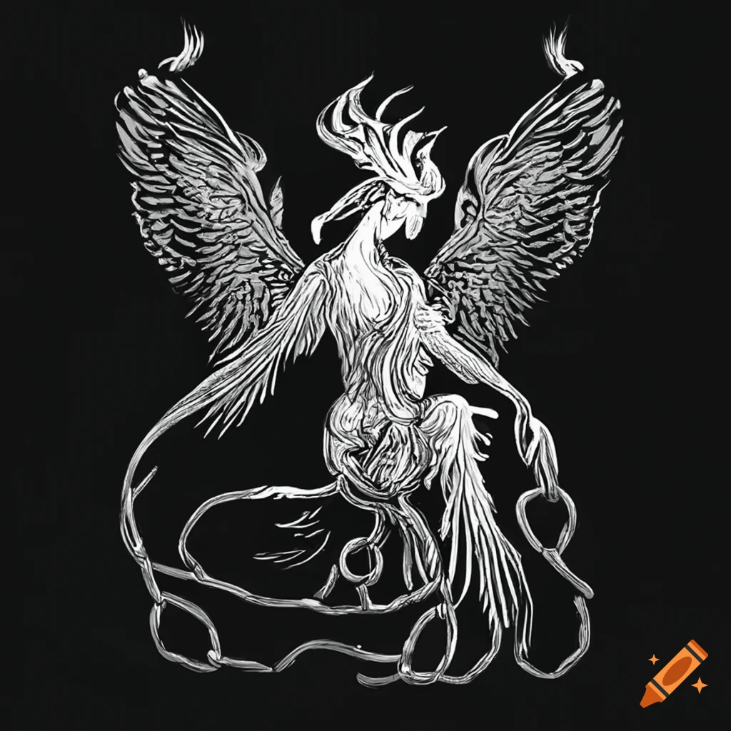 Mythical phoenix transformed into a woman with damaged wing in a dark forest