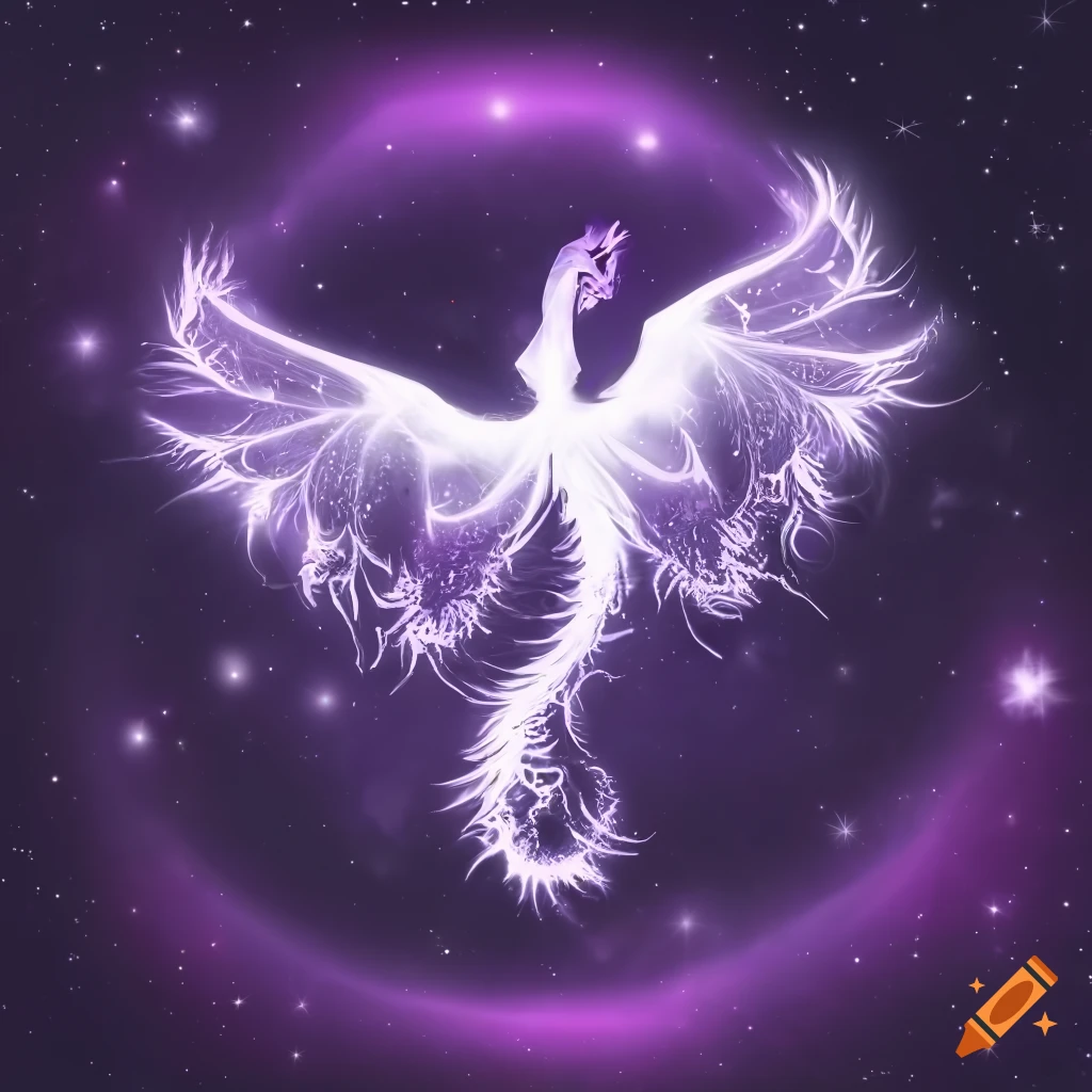 White glowing phoenix in a purple nebula with stars