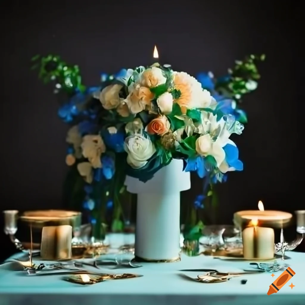 Elegant wedding table with porcelain vase, green table runner, golden candles, and blue flowers