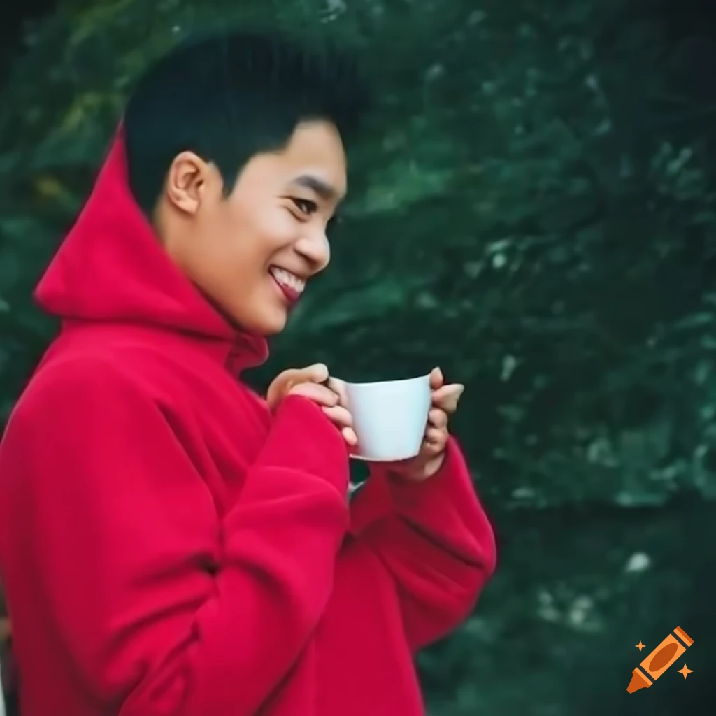 Smiling Asian man with coffee cup in red hoodie and jeans