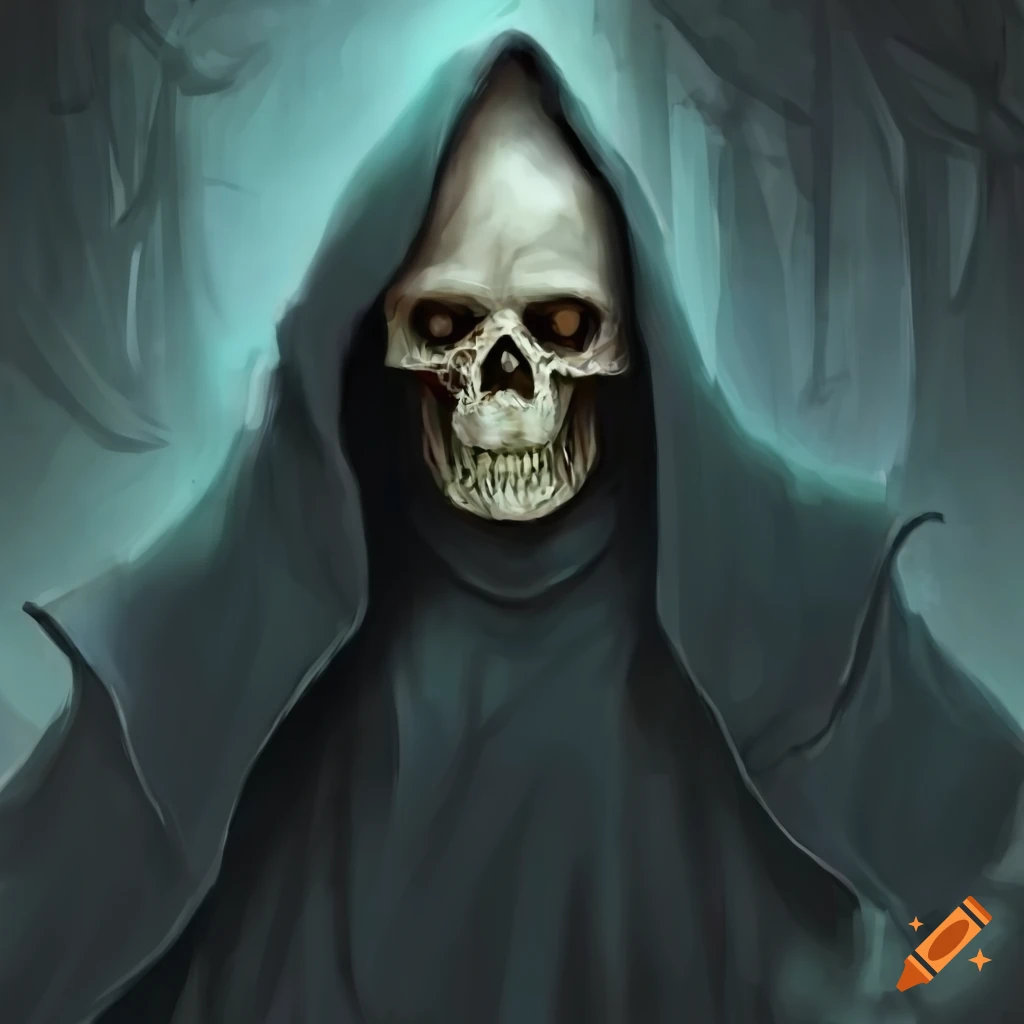 Skeleton sorcerer with cloaked face in a barren city