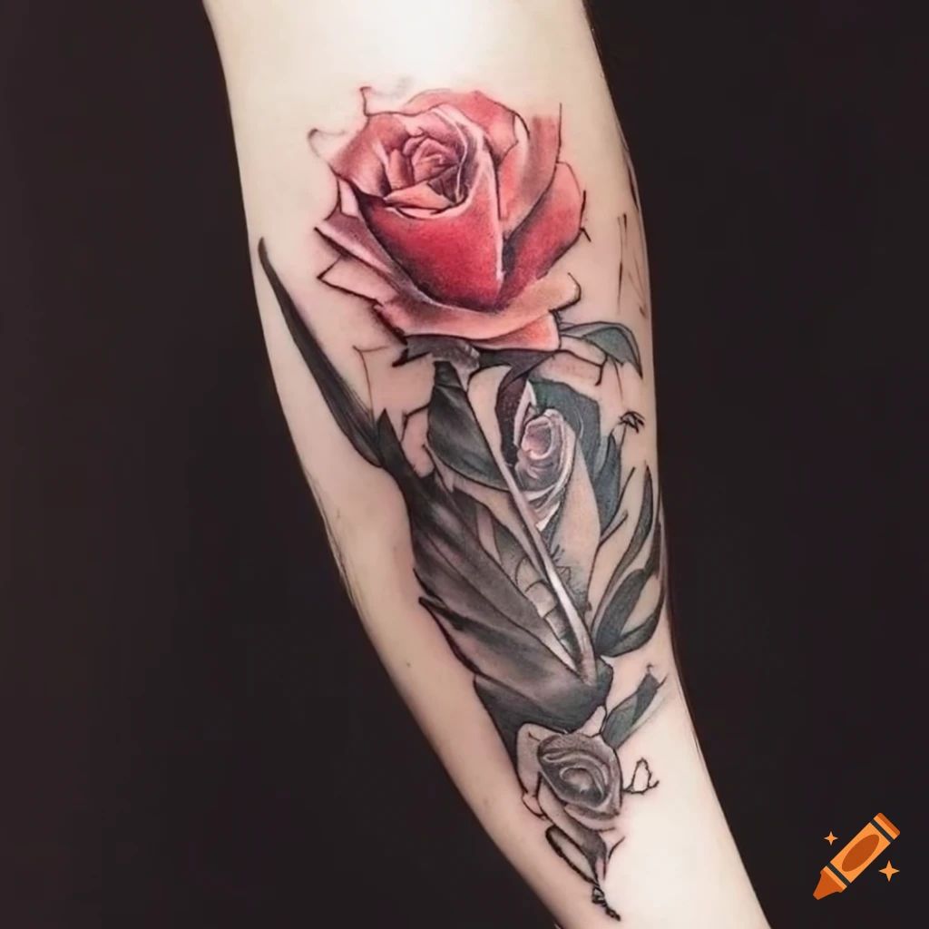 Tattoo of a rose and feather on upper arm