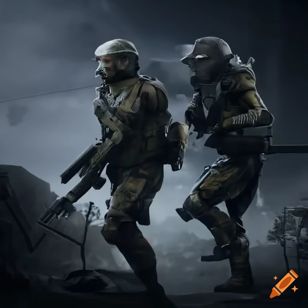 Sci-fi soldiers running on a fiery battlefield in Unreal Engine 5