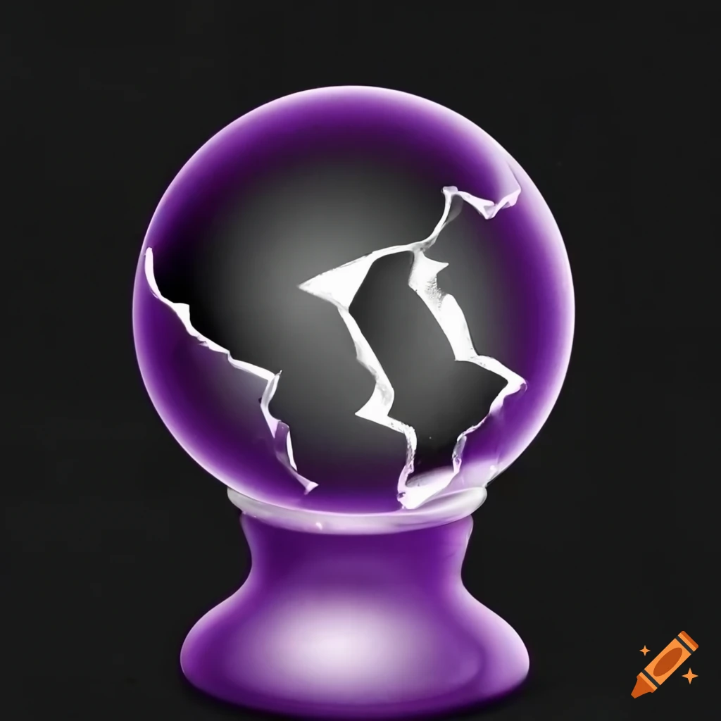 Broken purple crystal ball on a dark table without light or reflection