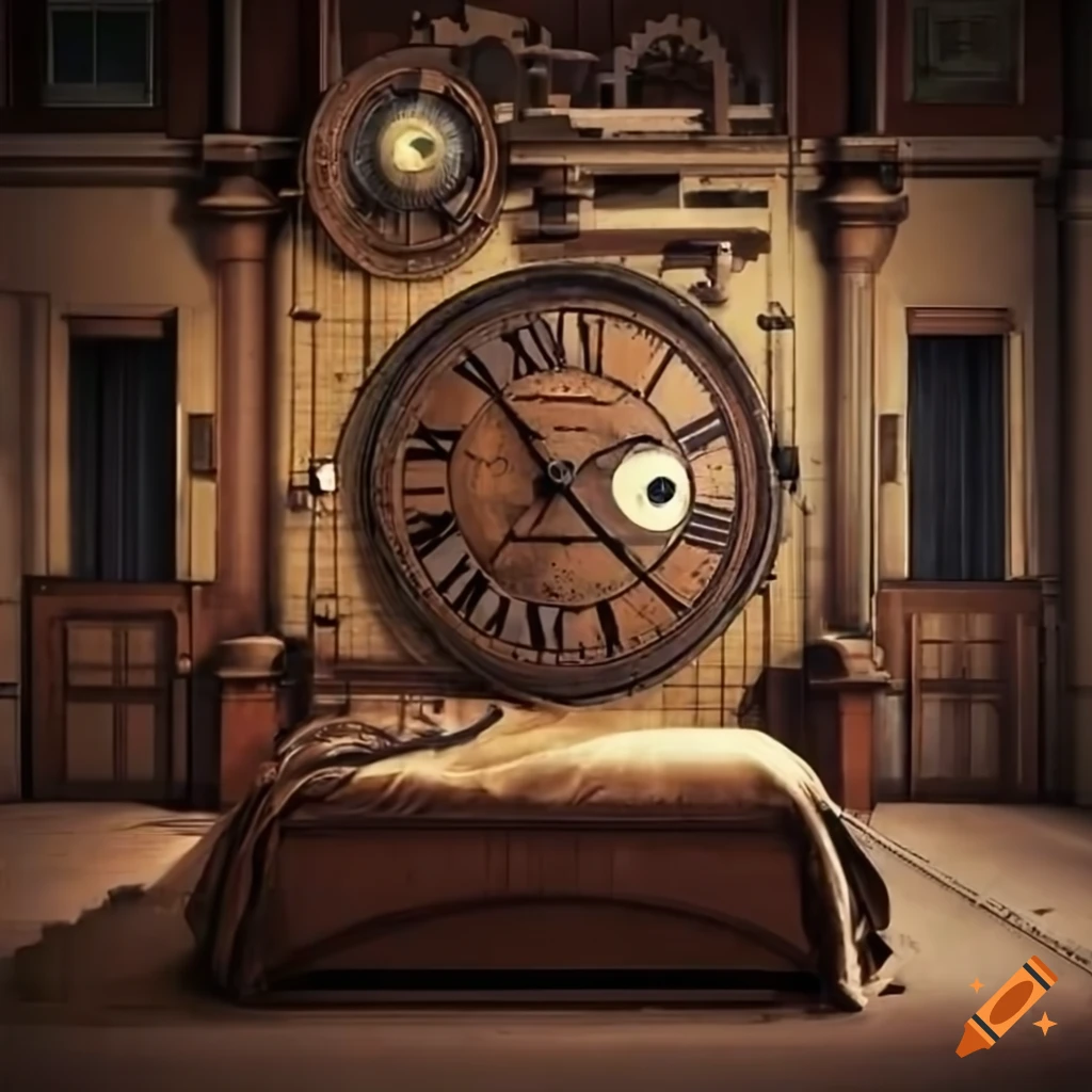 Steampunk-style bedroom in a factory setting with machinery and a giant ...
