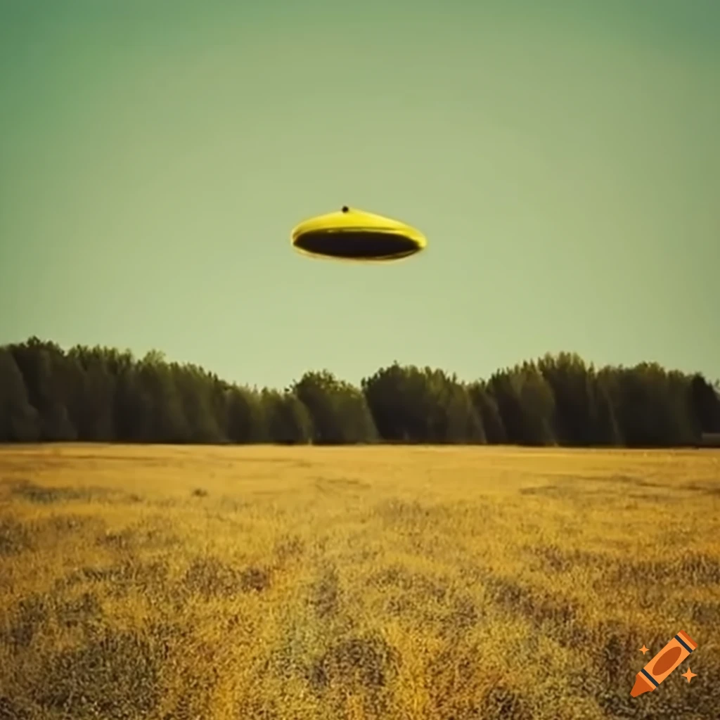 Yellow flying saucer over a field of dead grass in daylight