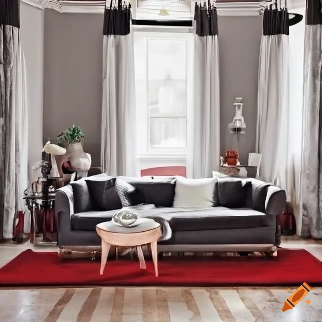 Living room with white and dark gray sofas, red carpet, and light brown table on Craiyon
