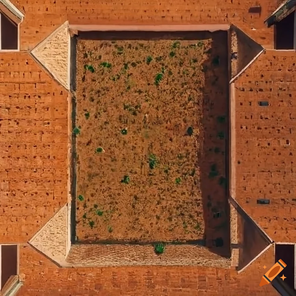 Top-down aerial view of a square dirt courtyard surrounded by walls