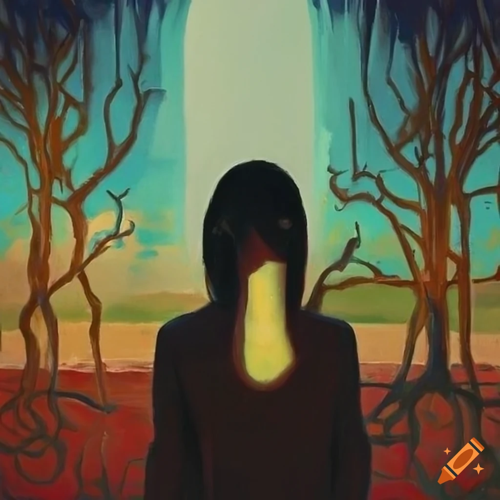 Contemporary pulp magazine landscape with a woman gazing at the viewer