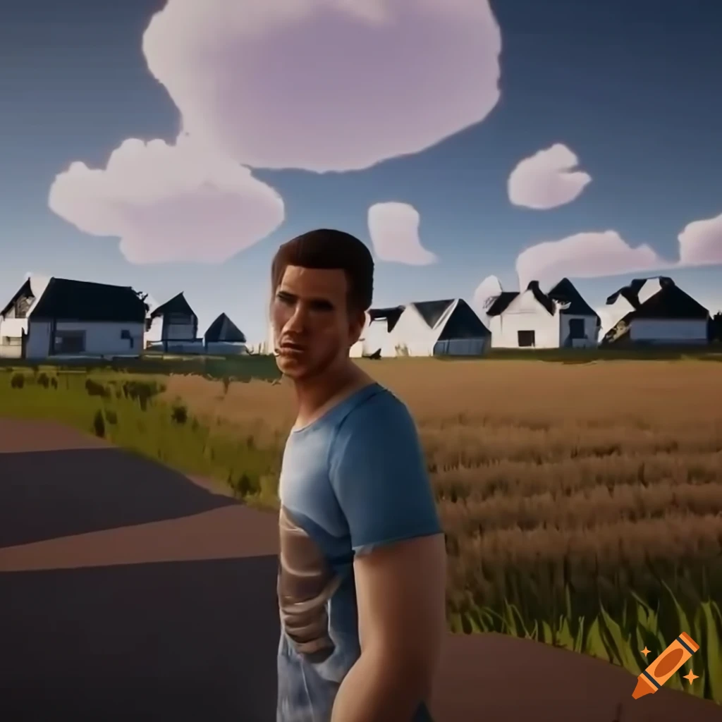 Man in t-shirt and jean shorts at Australian sci-fi village with white houses, meadows, and corn fields
