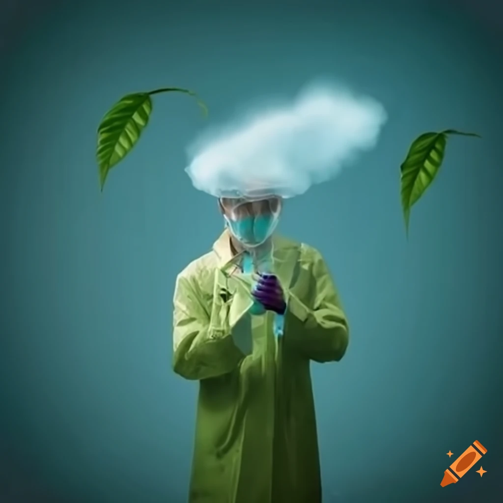 Surreal rainroom with scientist studying floating cloud over plant