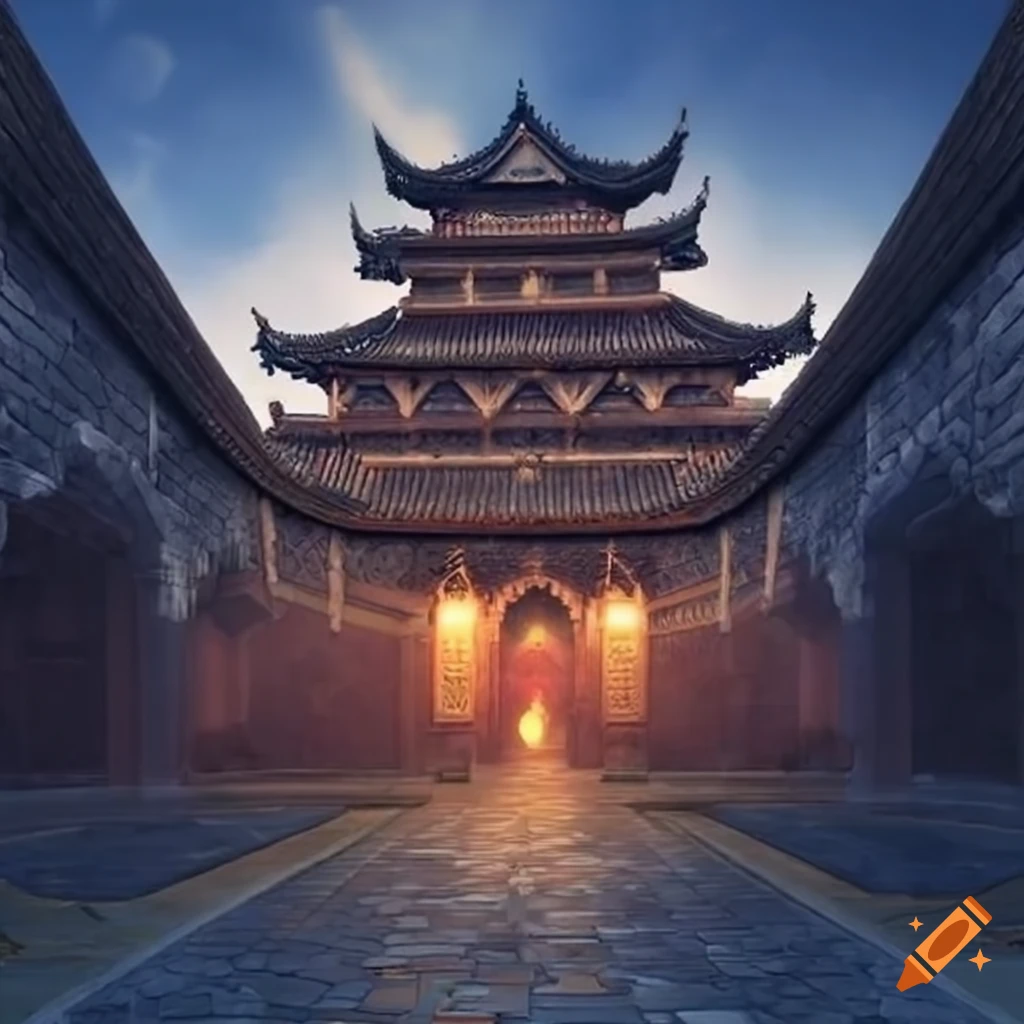 Asian courtyard of a Chinese castle in a fantasy setting