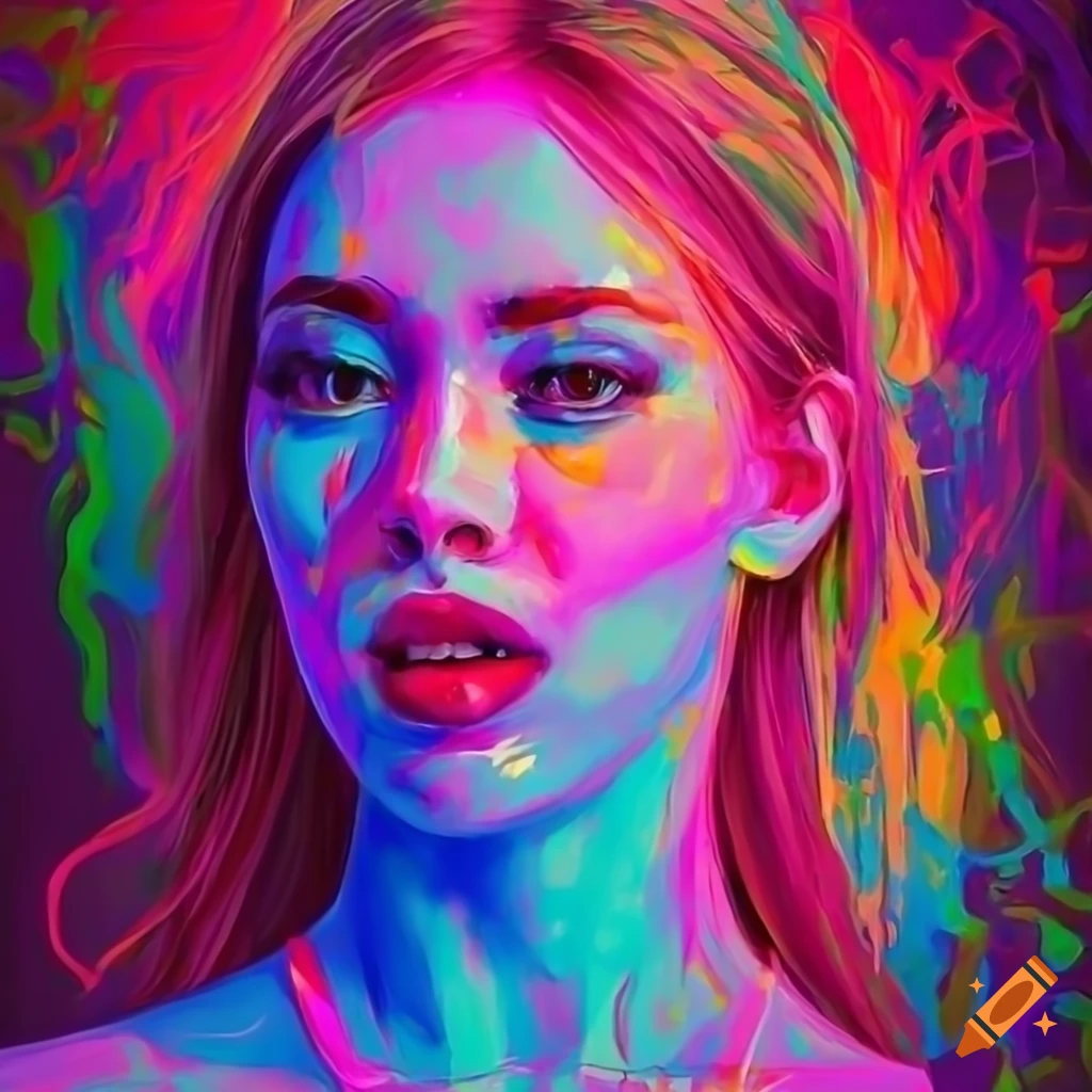 Portrait of a young woman in digital neon color palette knife technique