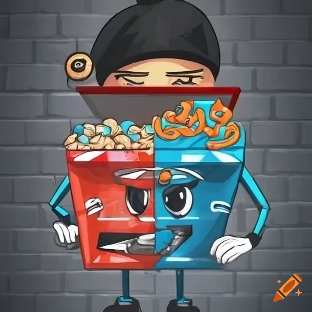 Cartoon thief mascot with geometric shaped cereal and prison bars on cereal box