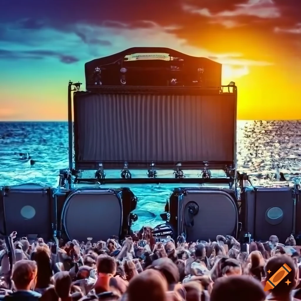 Rock band playing on a huge seaside stage with guitars and drums