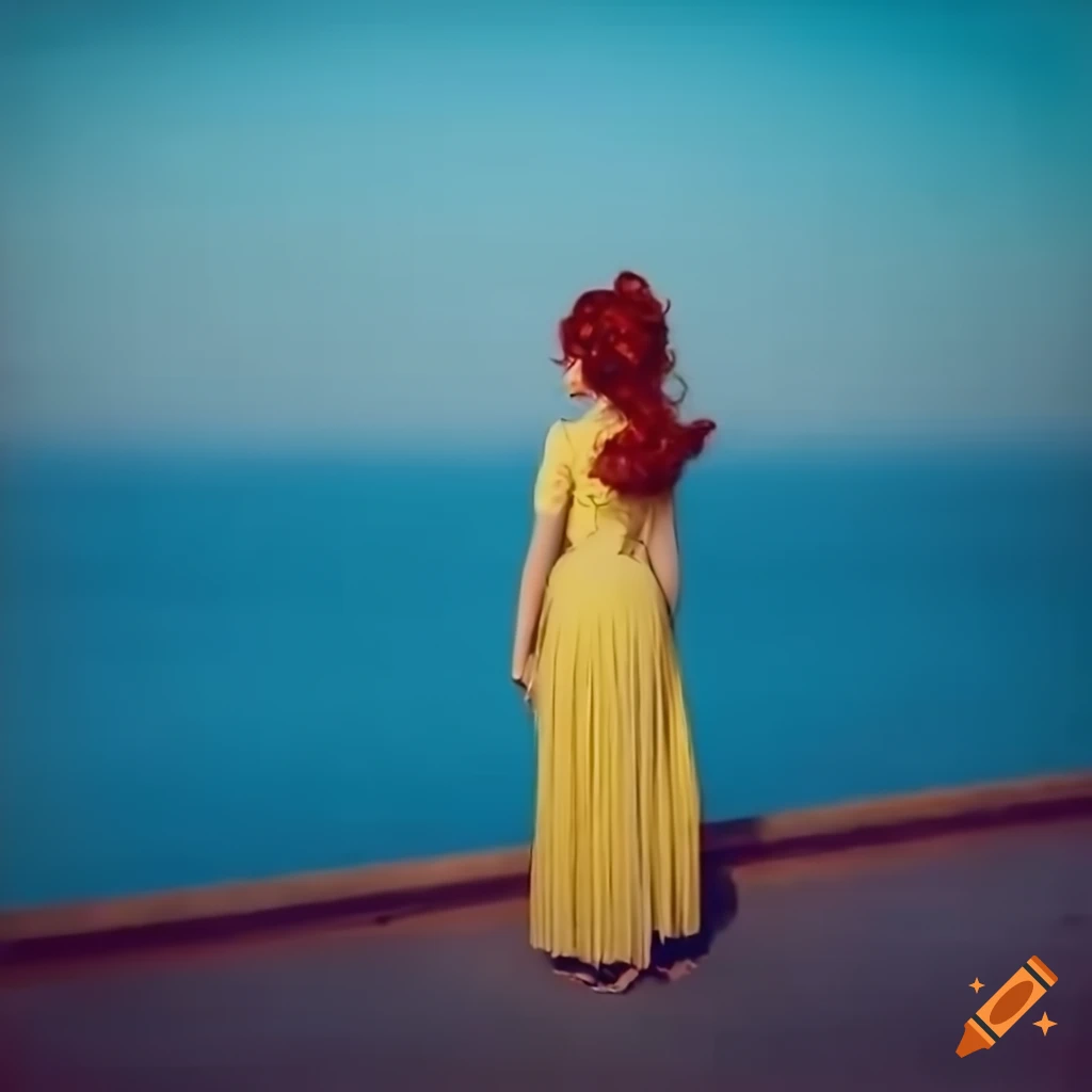 Elegant woman with red curls admiring sunset over blue sea in vintage attire