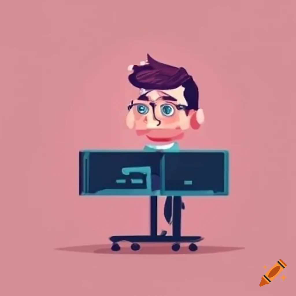 Cartoon-style Czech guy working at a standing desk with headphones and ...