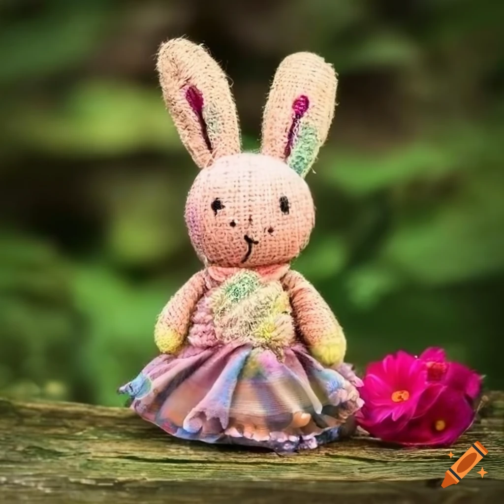 Colorful burlap bunny doll in an enchanting forest with elegant flowers and sparkling bottoms