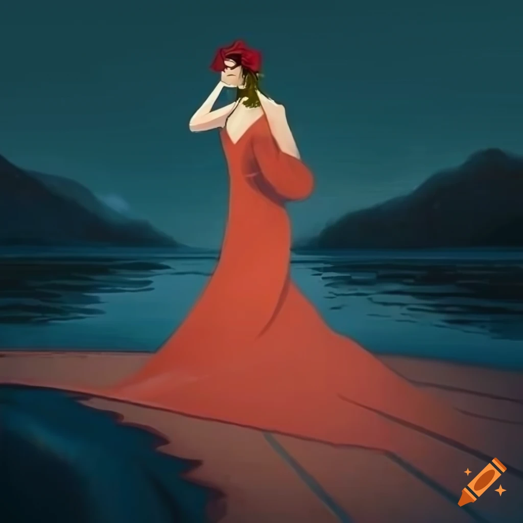 Woman walking on beach with a rose in art deco style