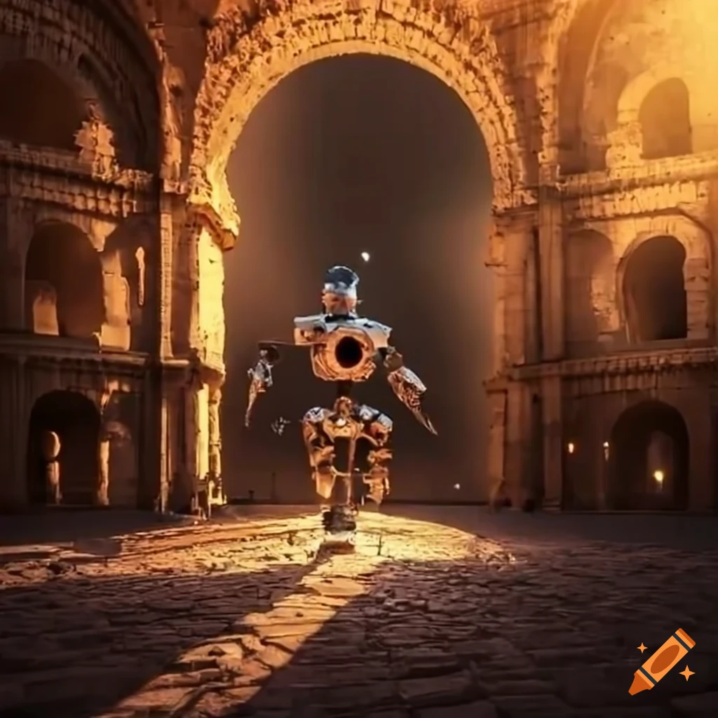 Robot dancing in ancient Colosseum during sunset