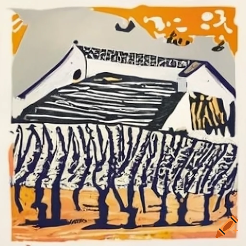 Vibrant linocut drawing of a southern French vineyard in Basquiat style